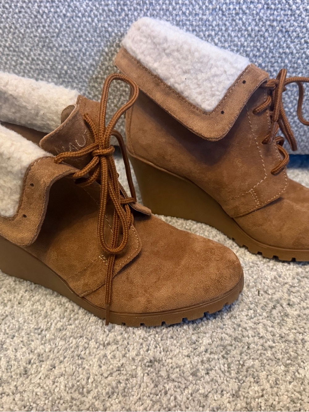 Nautica Tan Suede Wedge Ankle Boots with Shearling Collar